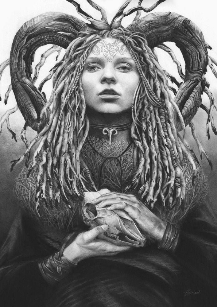 A fine art print featuring a stylized illustration of a female figure personifying the Zodiac sign Aries