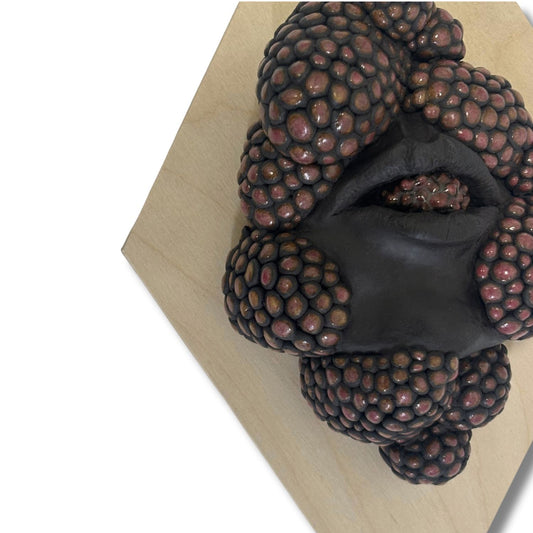 Surrealist black stoneware clay wall hanging combining facial features and berries