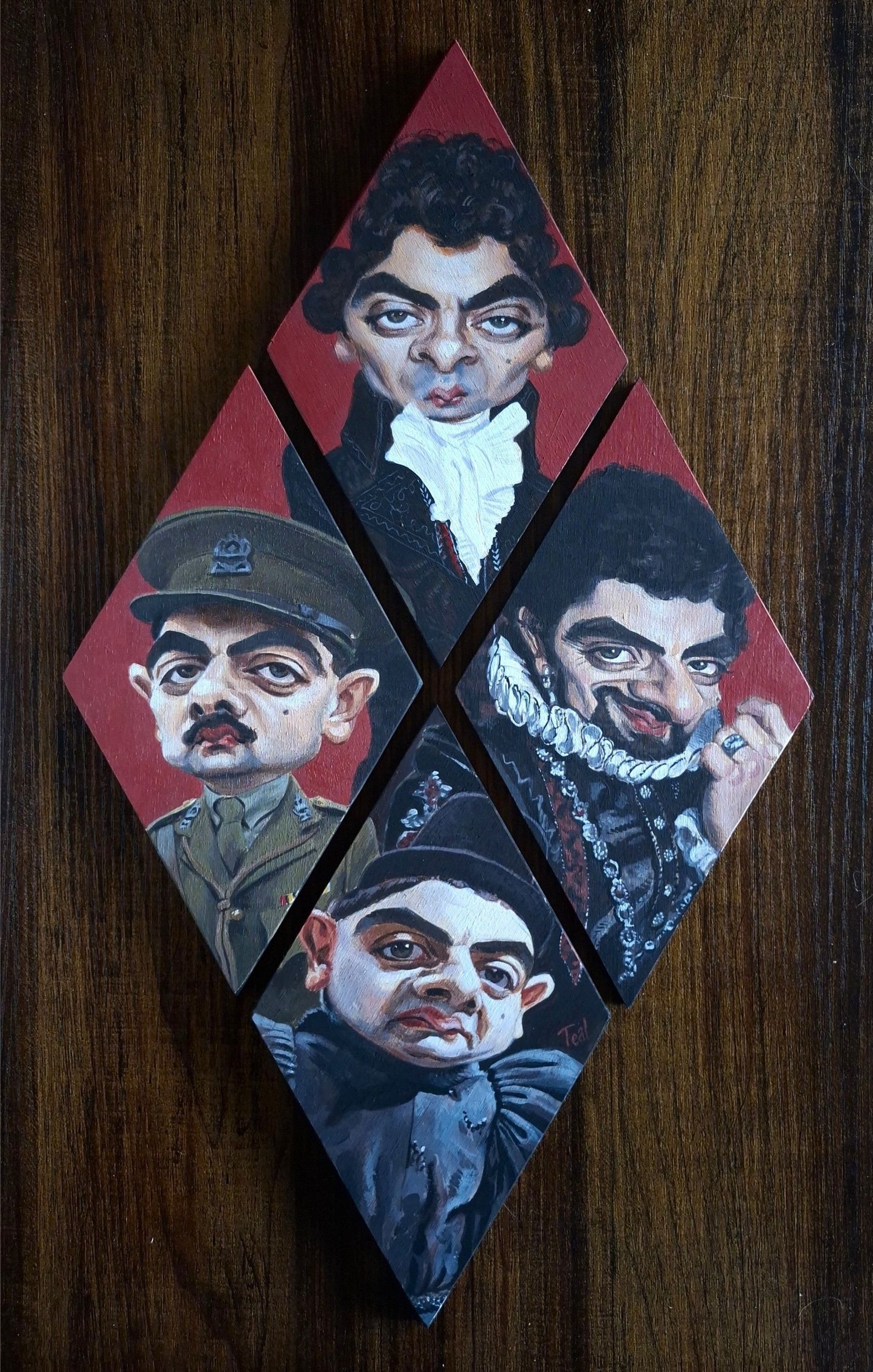 Four diamond-shaped portraits of Blackadder from each different season/era