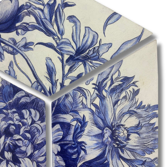 Blue and white Deft-inspired floral triptych
