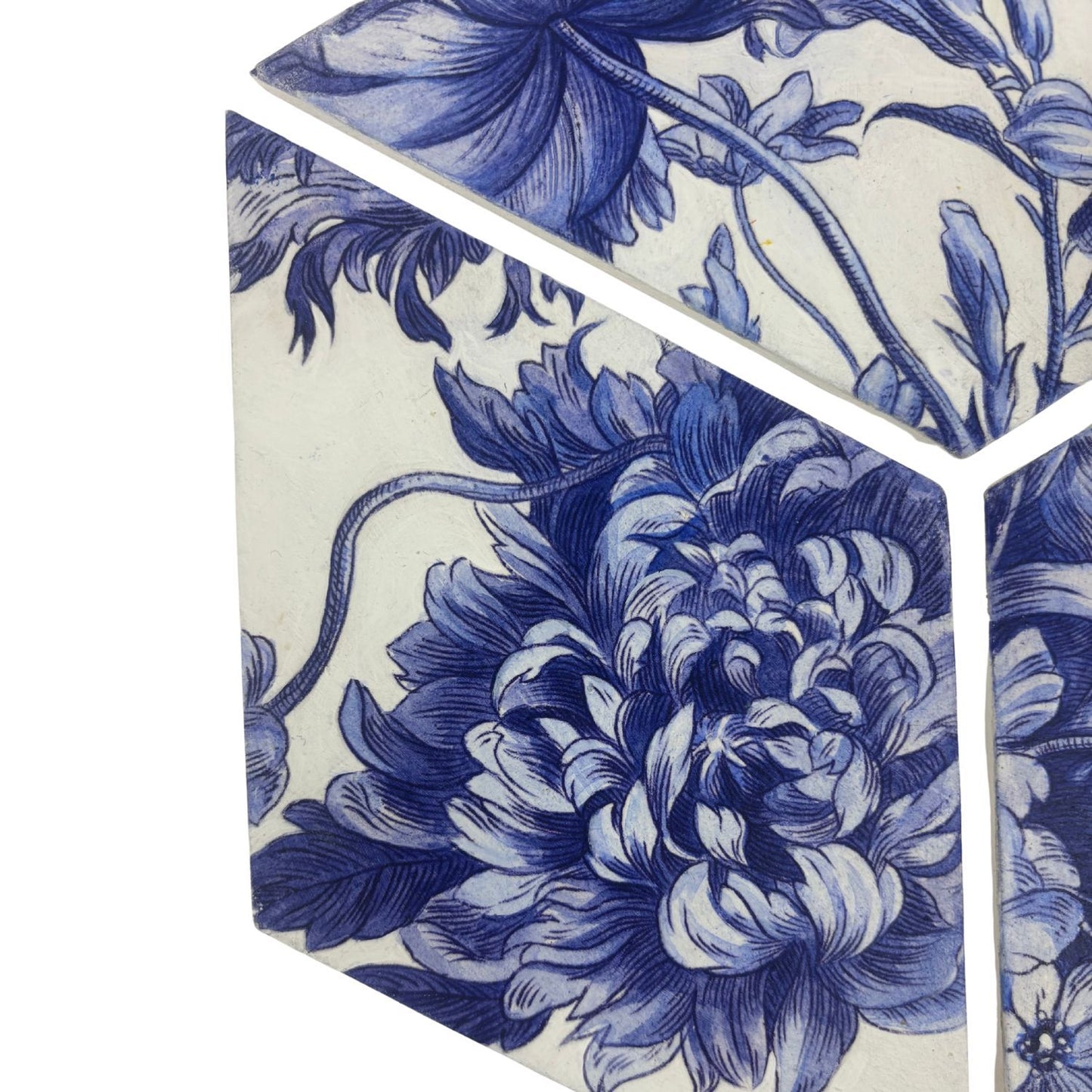 Blue and white Deft-inspired floral triptych