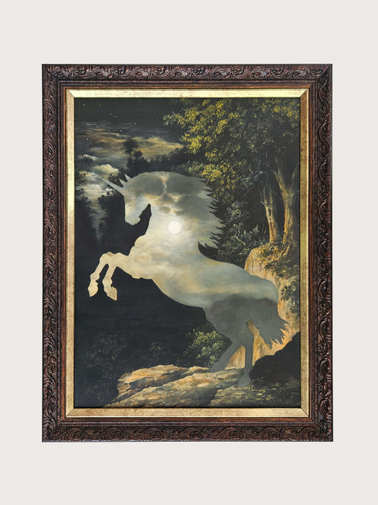 Framed oil painting of a rearing unicorn in moonlight by Andrea du Plessis