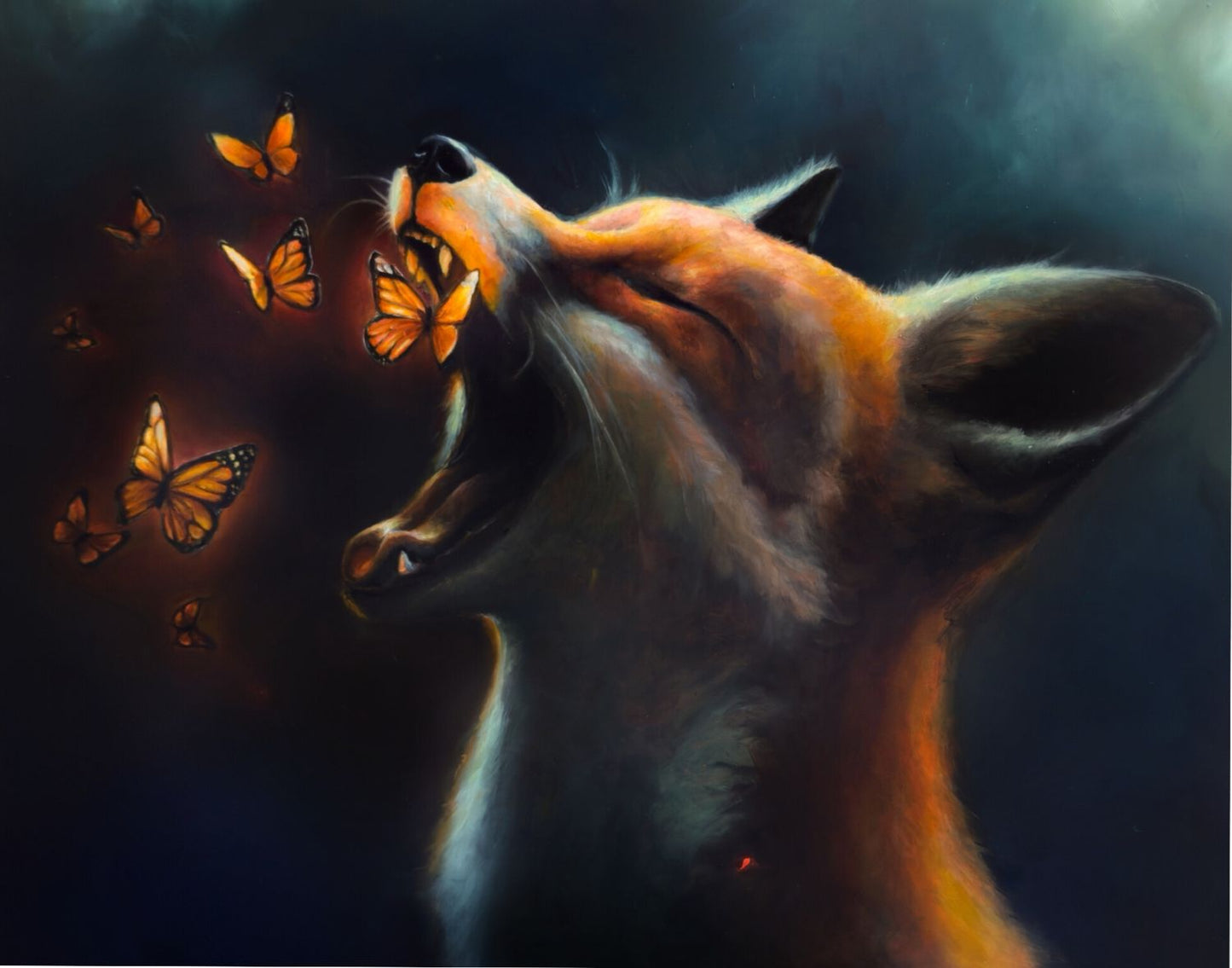 Painting of a fox with open mouth surrounded by butterflies on a dark background