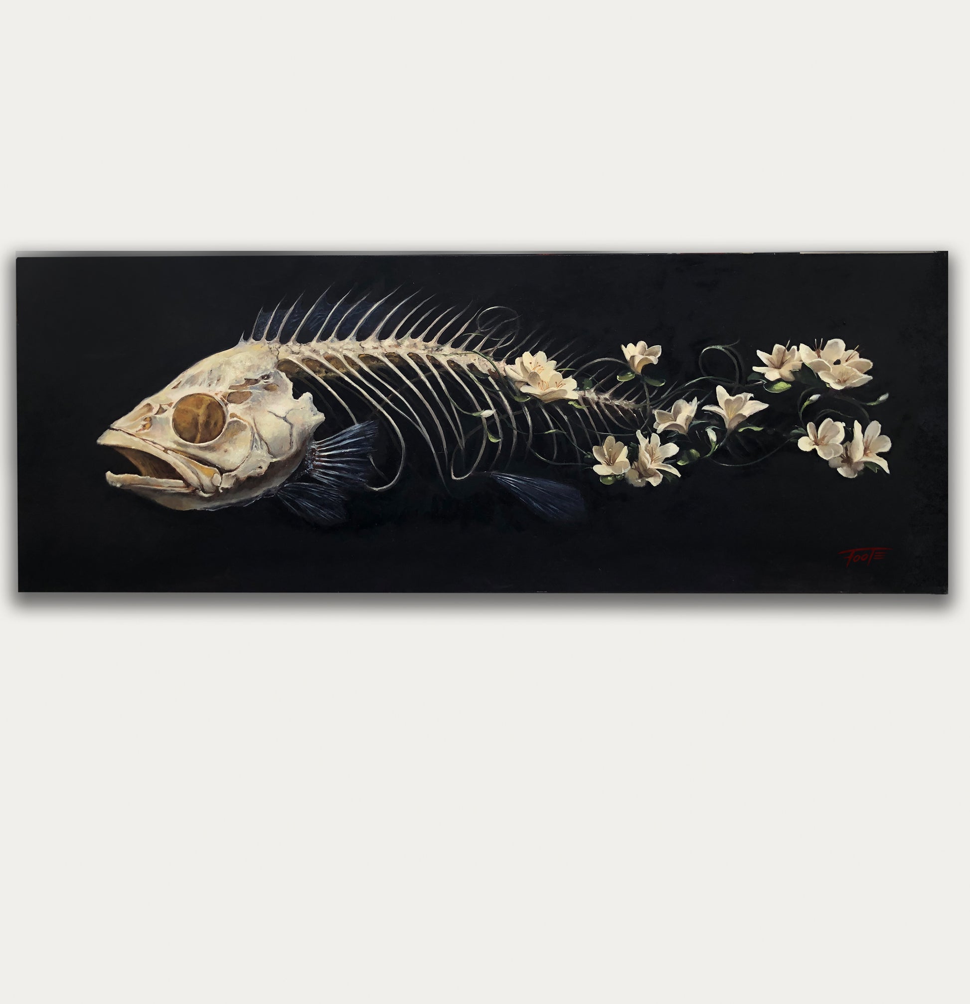 Rob Foote original oil painting of a fish decaying into flowers