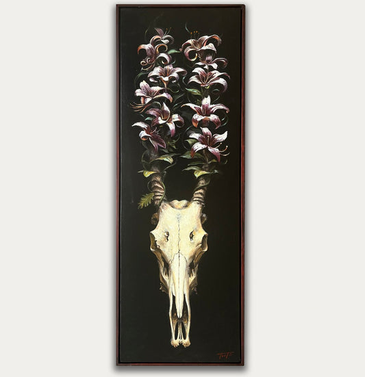 Original oil painting of a skull and flowers by Rob Foote