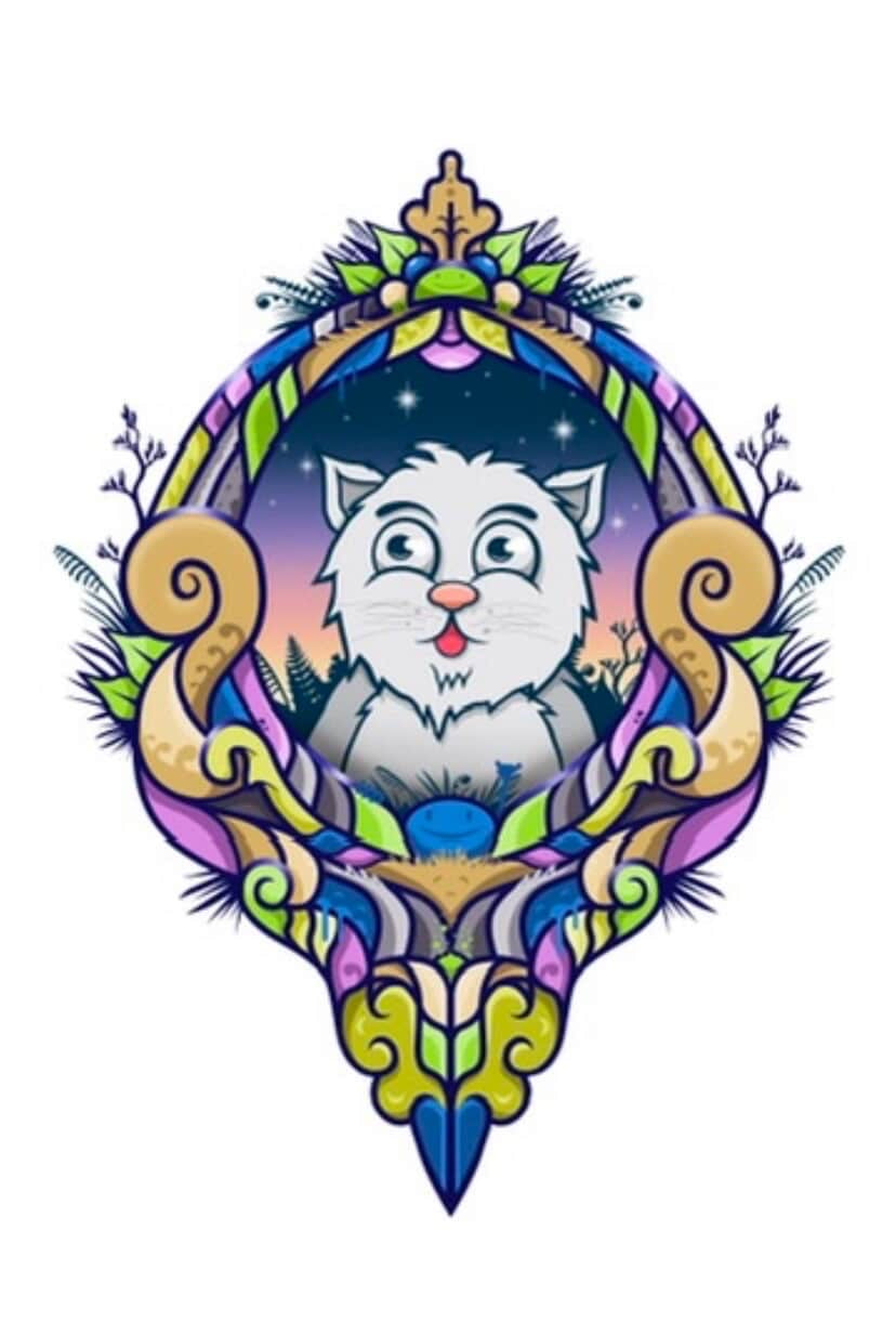 Colorful illustration of a cat in a decorative frame on a white background