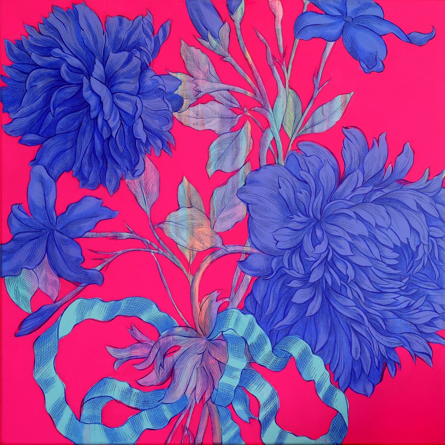 Pink and blue acrylic painting of flowers.