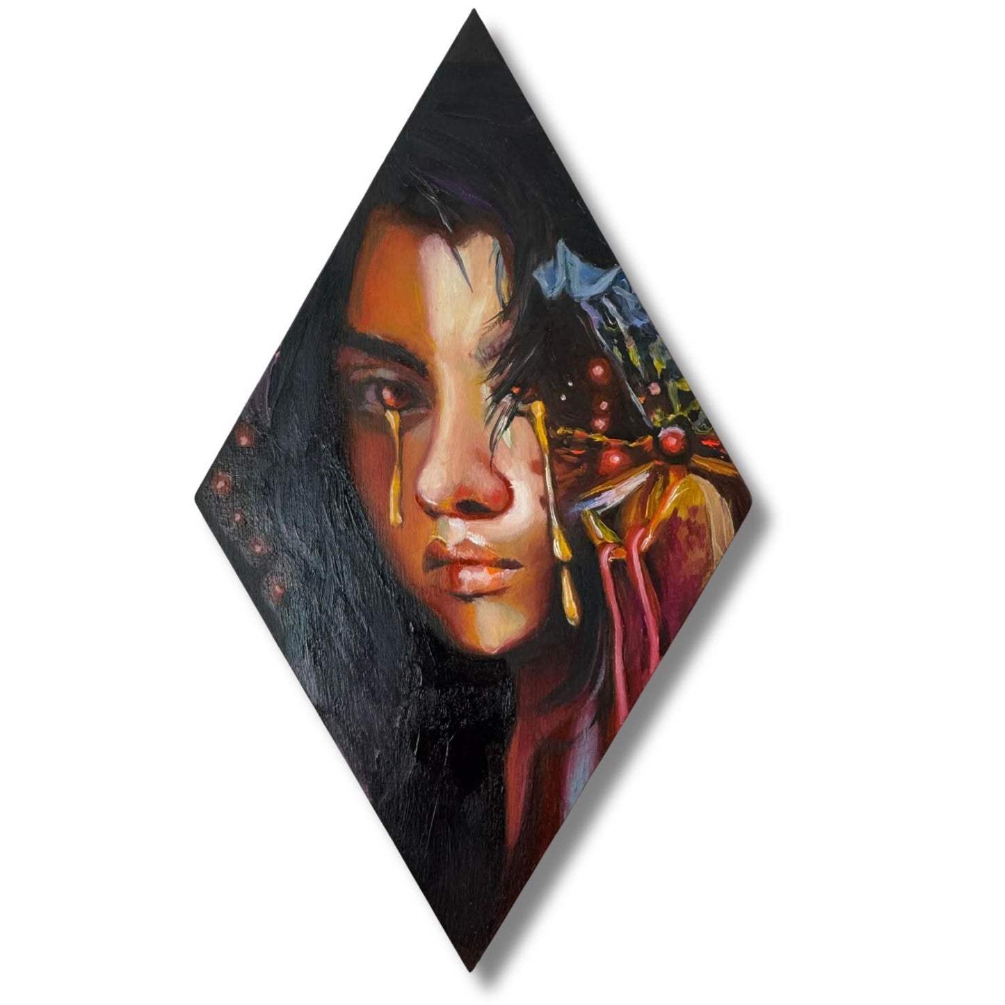 Original oil painting of a face with honey inspired elements on a diamond shaped panel