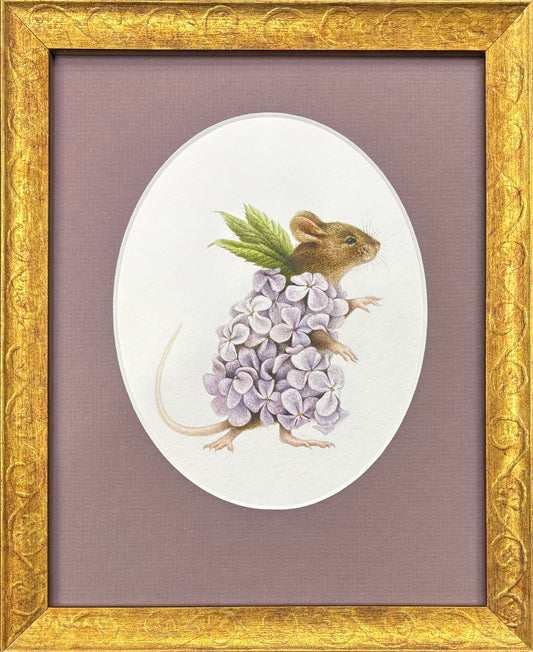 Framed artwork of a mouse with flowers