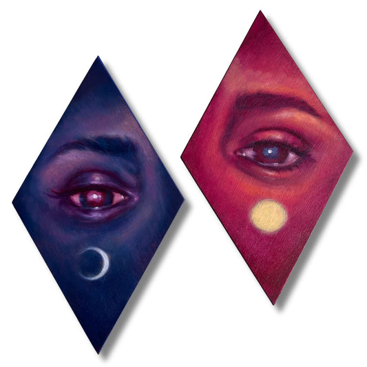 Two diamond-shaped paintings of eyes with contrasting colouring - dusk & dawn.