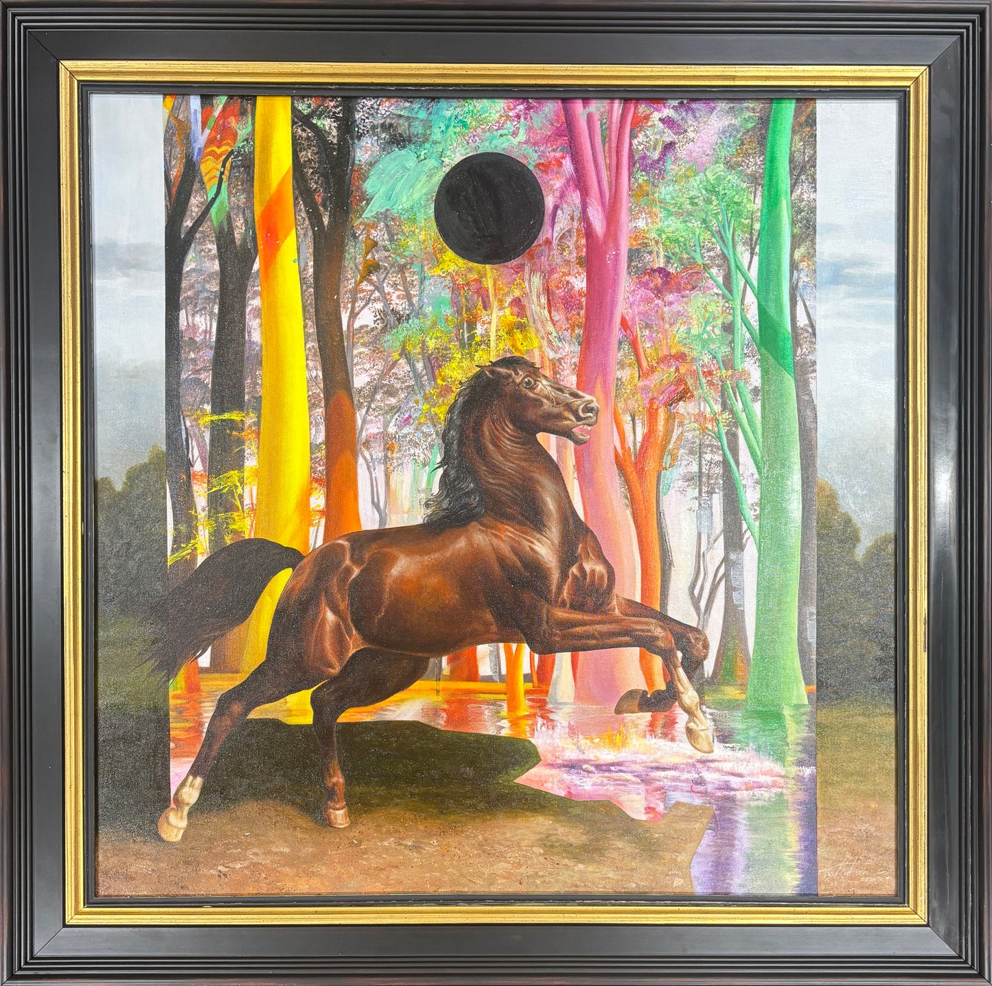Framed Oil painting of a distressed horse against a distorted landscape