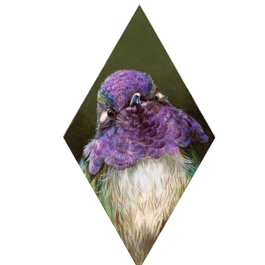 Diamond-shaped panel featuring a purple and white hummingbird