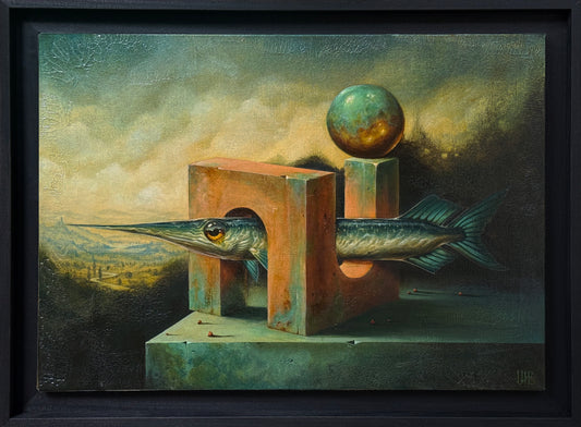 A thought-provoking work featuring a fish, geometric shapes, and a sphere against a traditional landscape background