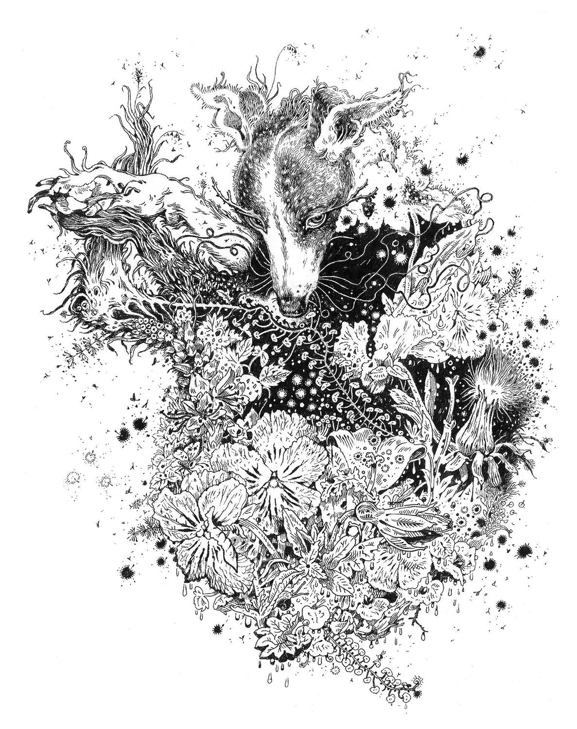 Black and white illustration of a dog surrounded by floral patterns on a white background