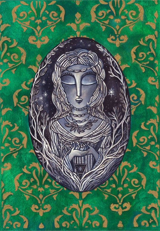 Earth personified as a stylised portrait of a woman in monochrome.