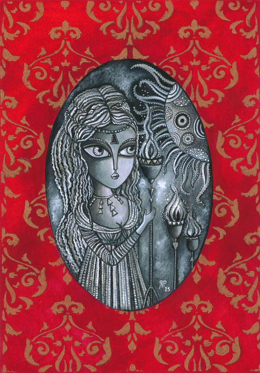 Fire personified as a stylised portrait of a woman in monochrome.