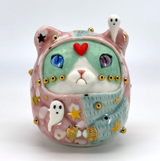 Colourful ceramic cat figurine with decorative elements by Ryoko Rio