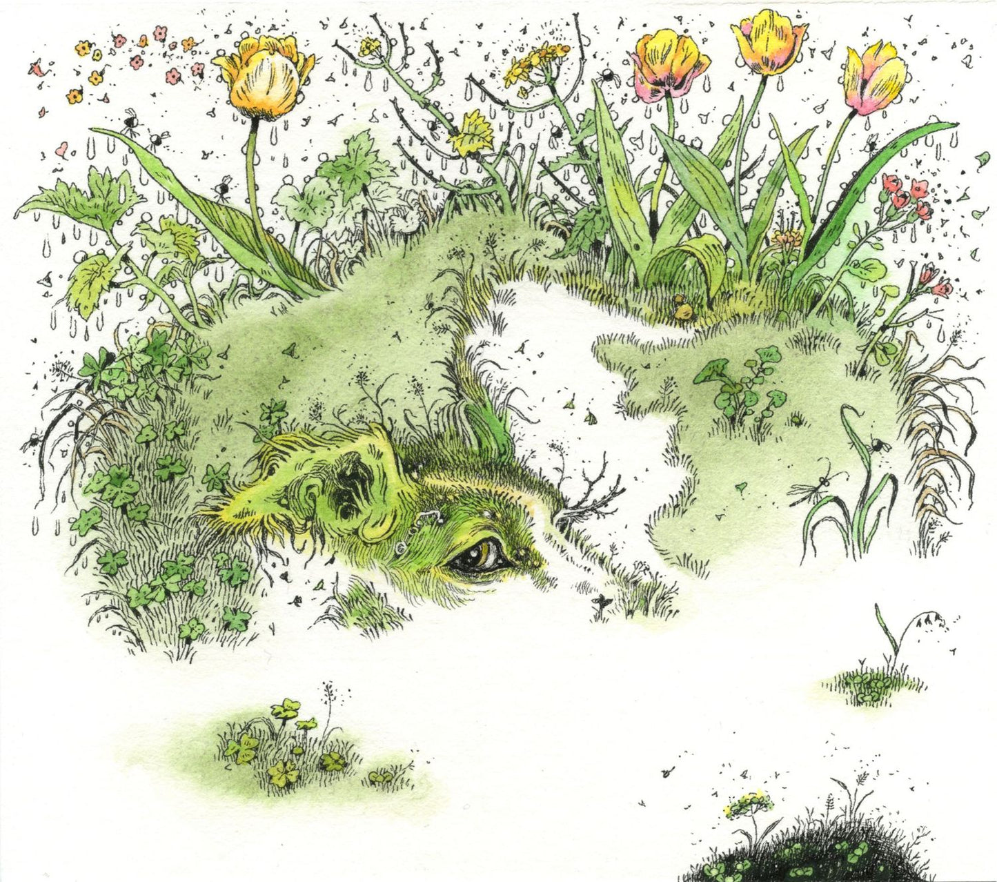 Original illustrations of a dog with fur made of flowers and grass