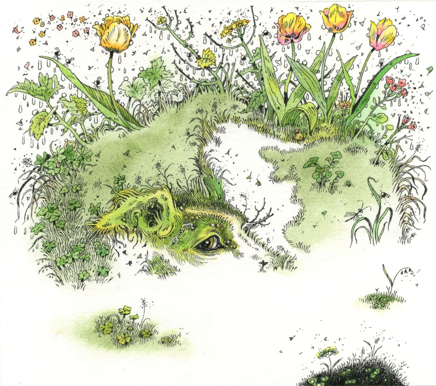 Original illustrations of a dog with fur made of flowers and grass