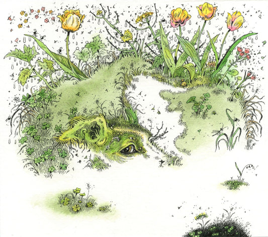 Original illustrations of a dog with fur made of flowers and grass