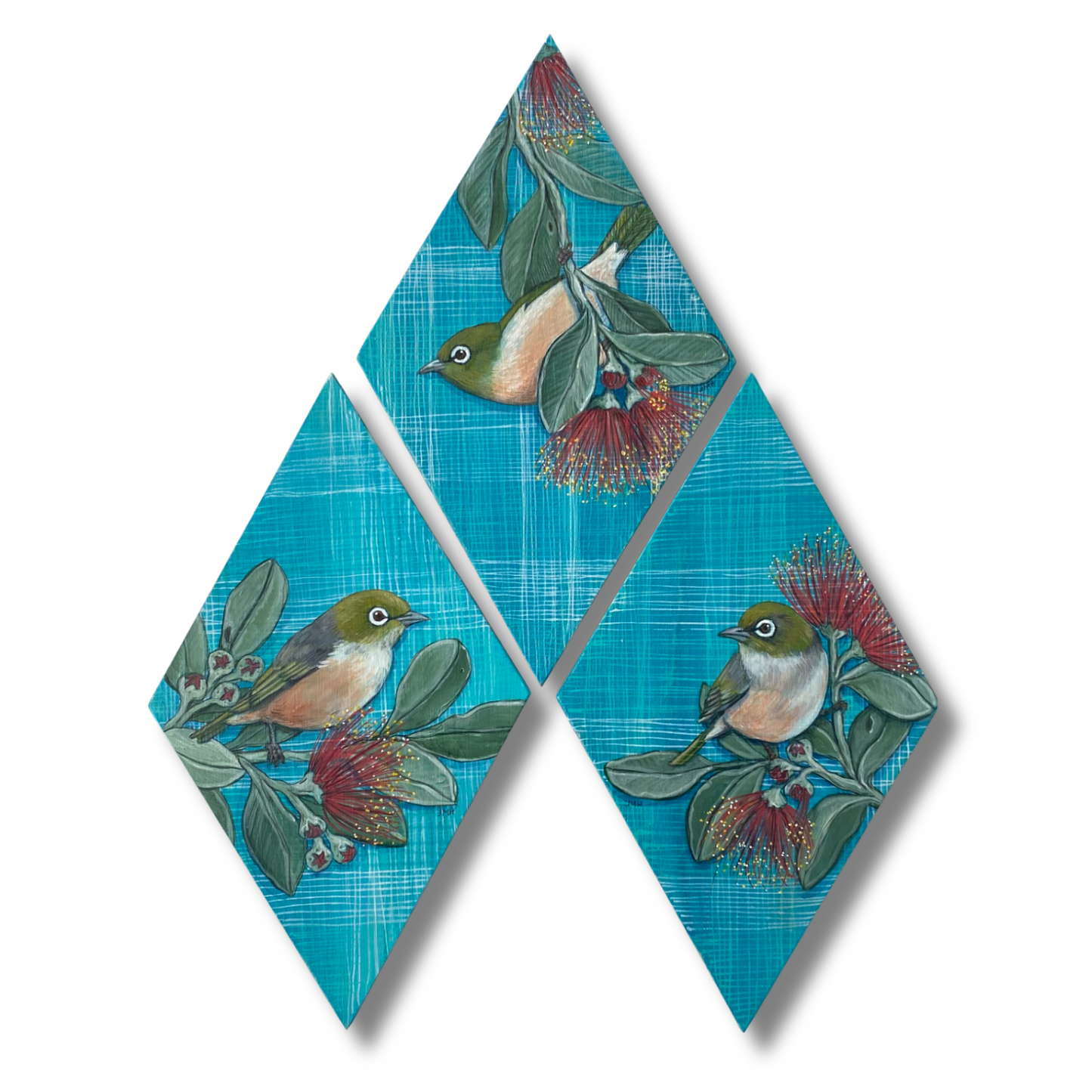 Trio of birch panels featuring NZ native silvereyes and Pohutukawa flowers.