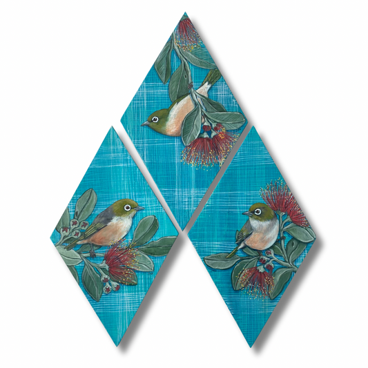 Trio of birch panels featuring NZ native silvereyes and Pohutukawa flowers.