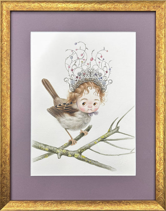 Illustration of a bird with a decorative crown on a branch, framed in gold with a purple mat.