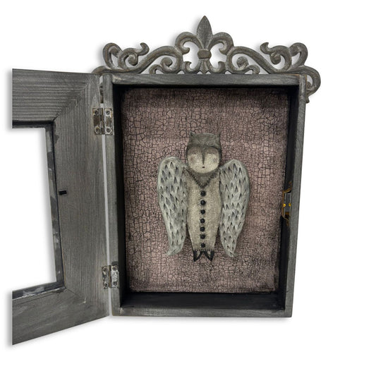 Mixed media diorama artwork featuring an owl in a rustic style frame/box
