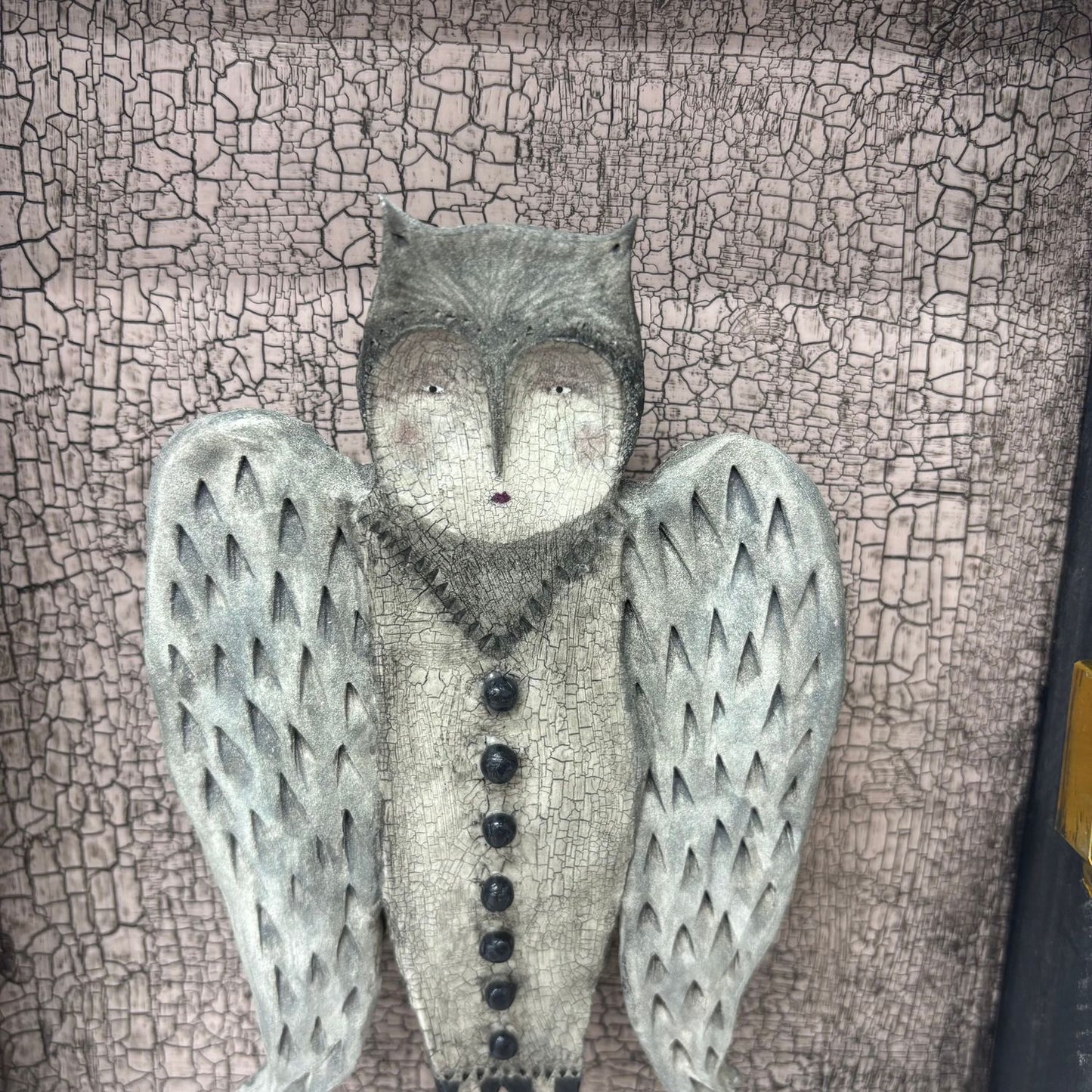 Mixed media diorama artwork featuring an owl in a rustic style frame/box