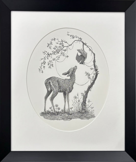Framed artwork of a deer under a tree