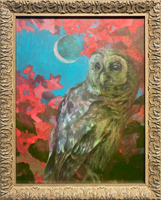 Painting of an owl with a colorful background and ornate gold frame