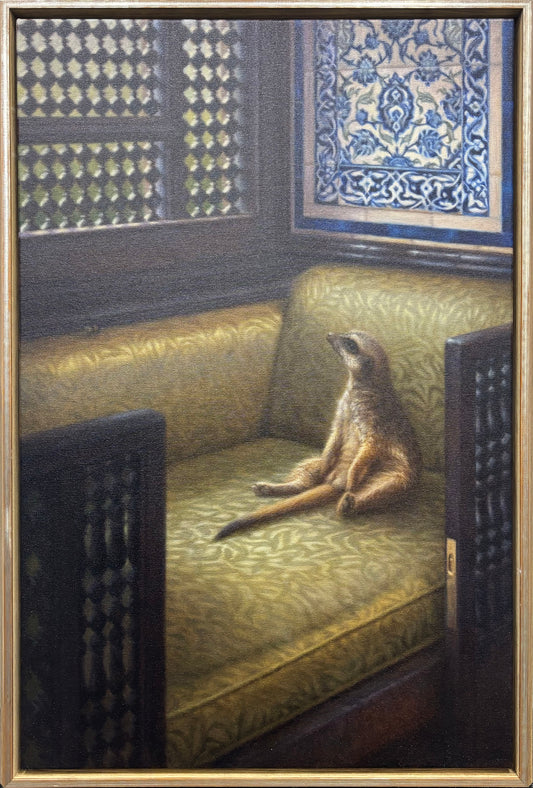 Meerkat sitting on a patterned couch with decorative wall art in the background