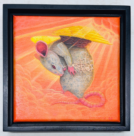 Framed canvas painting of a winged mouse by Erin Chance.