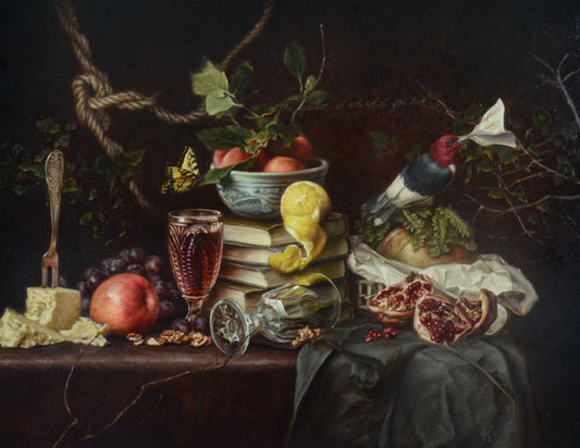 Still life painting with fruits, a glass of red wine, and a bird on a dark background