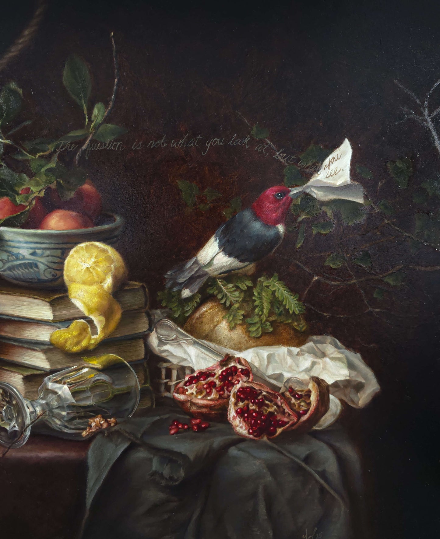 Still life painting with a bird, fruit, and books on a dark background