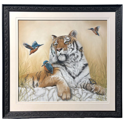 Framed artwork of a tiger with birds in a natural setting