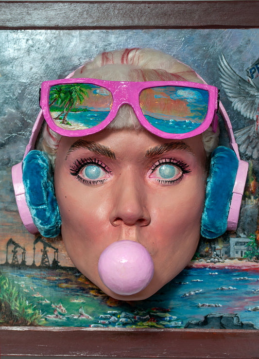 Sculptural wall art featuring a sunglass and headphone wearing girl blowing bubble gum, surrounded by colorful and chaotic elements.
