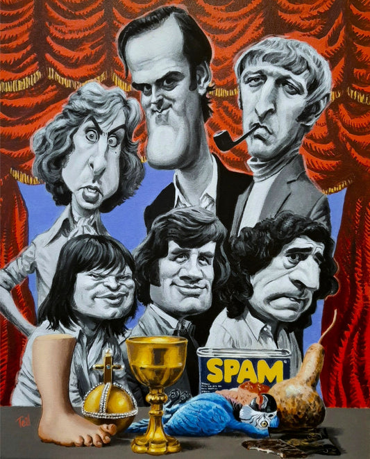 Illustration of the six main members of Monty Python comedy troupe