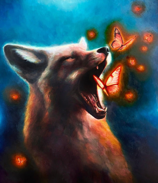 Painting of a fox surrounded by butterflies