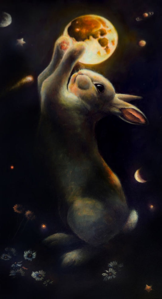 Illustration of a rabbit reaching towards a glowing moon in a starry night sky.