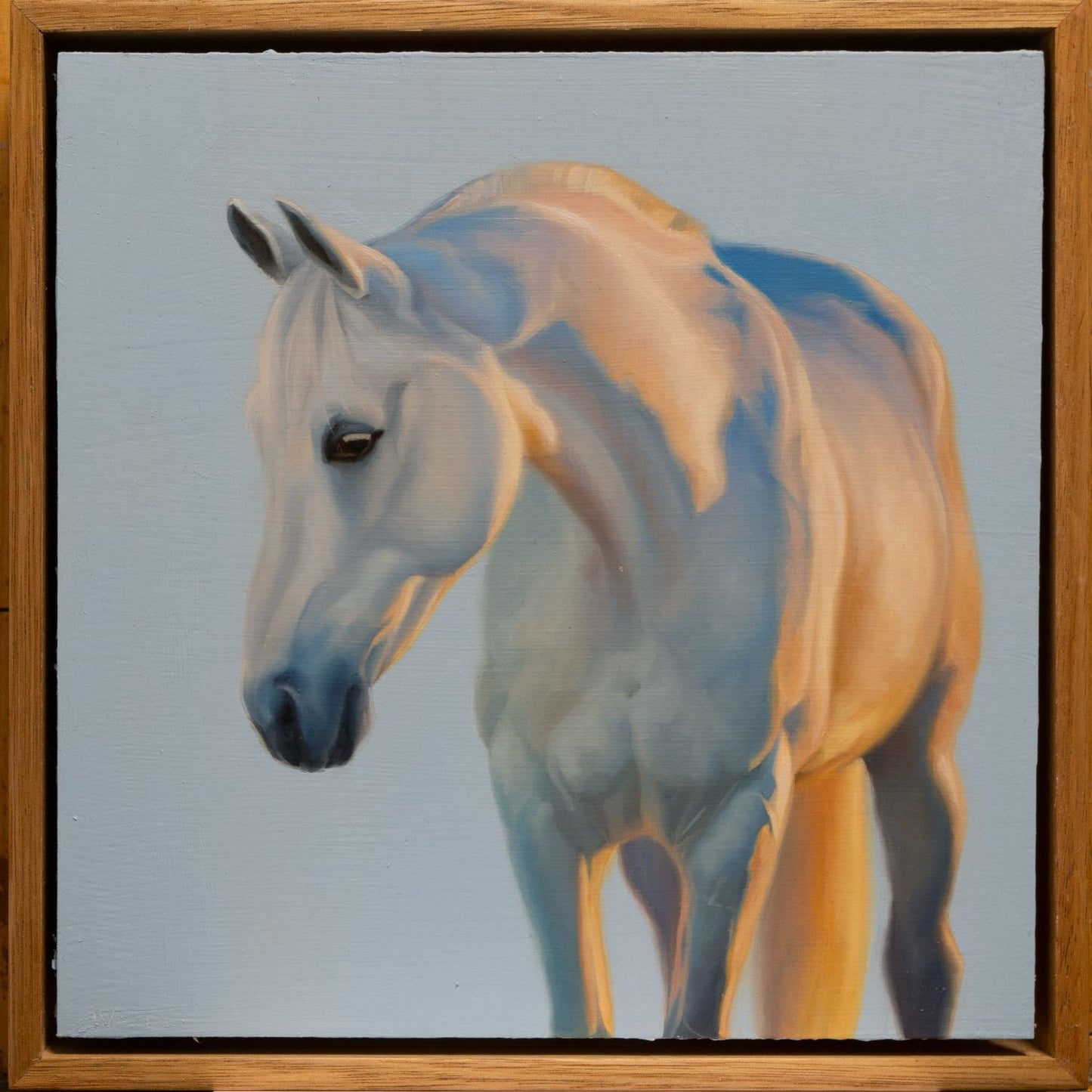 Painting of a grey (white) horse with a wooden frame
