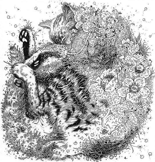Black and white illustration of a cat among flowers and plants