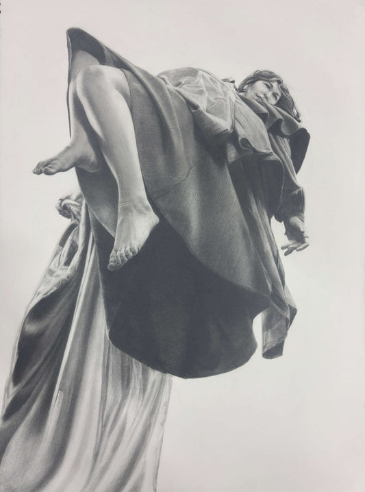 Black and white graphite drawing of a draped figure ascending upwards