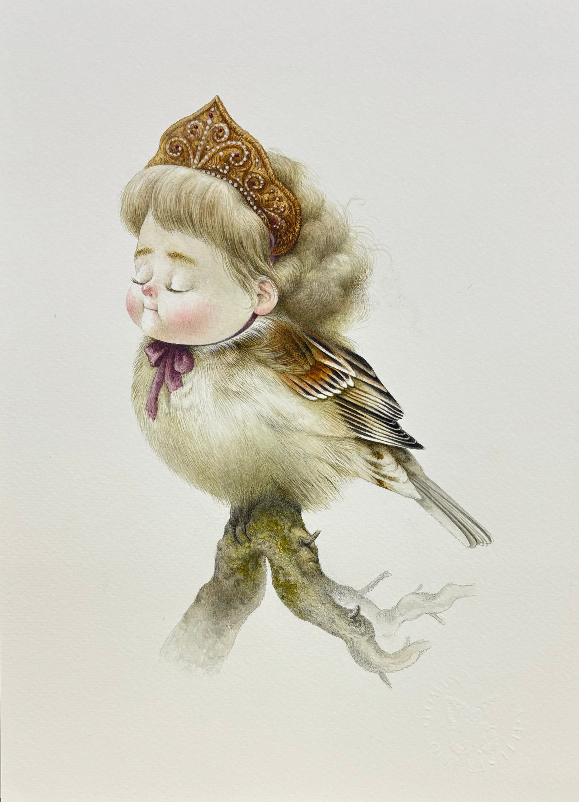 Illustration of a child with bird-like features wearing a crown