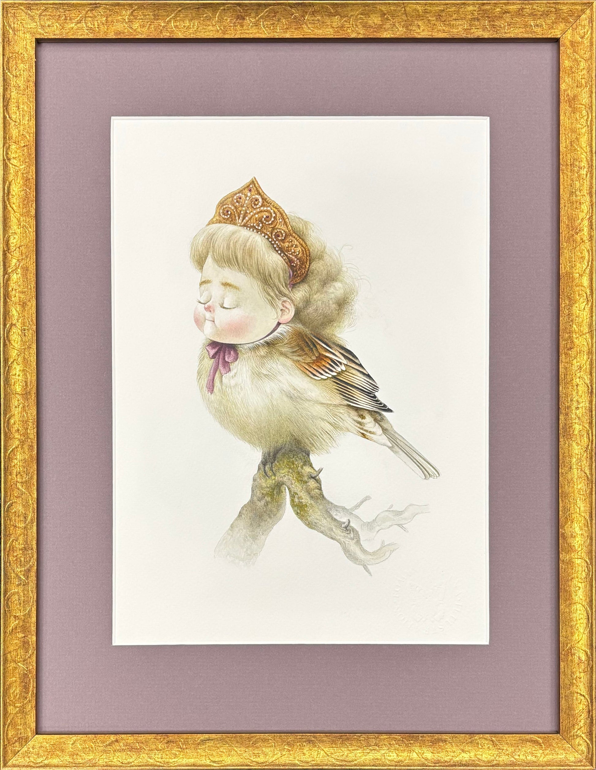 Framed artwork of a bird with decorative elements on a light purple background
