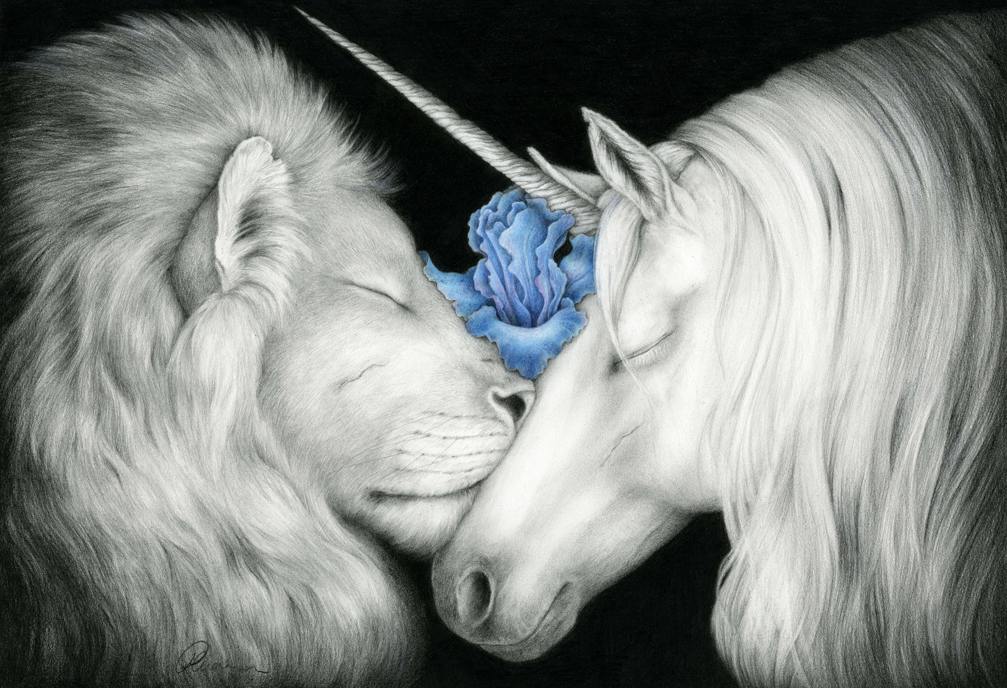Graphite and coloured pencil illustration of a unicorn and lion in contemplation. 