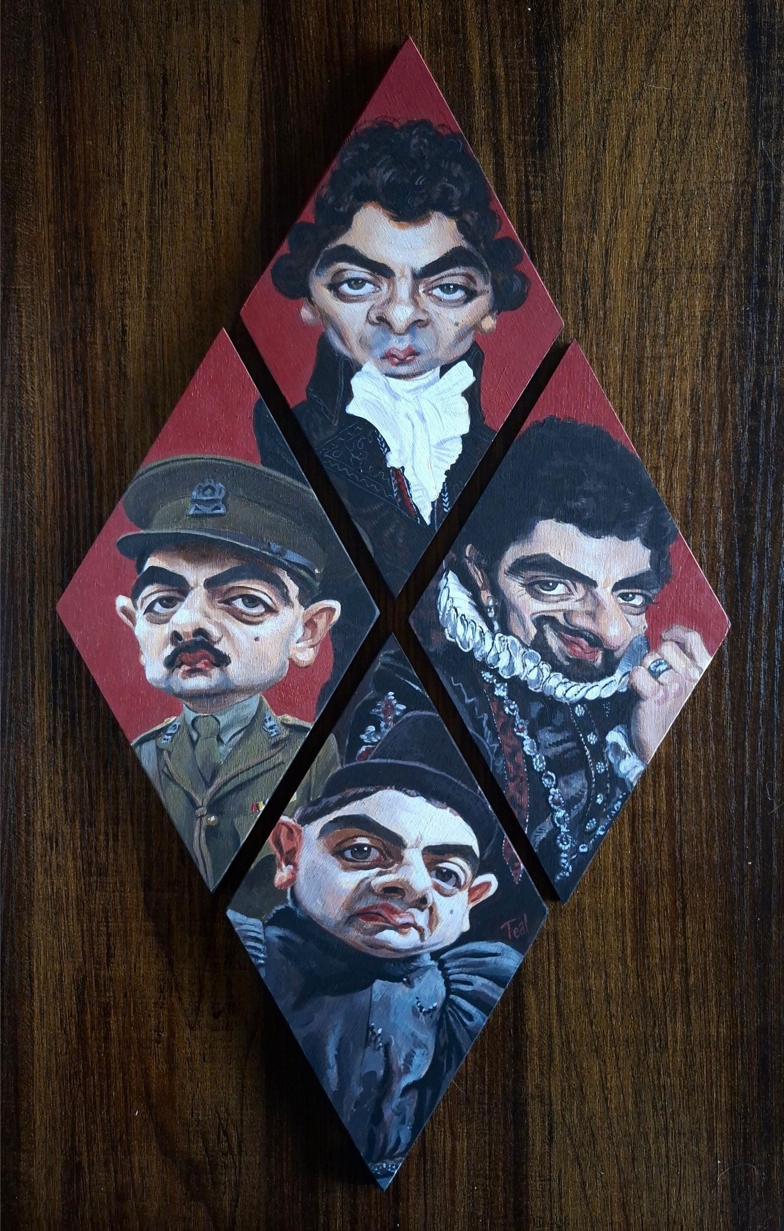 Four diamond-shaped portraits of Blackadder from each different season/era