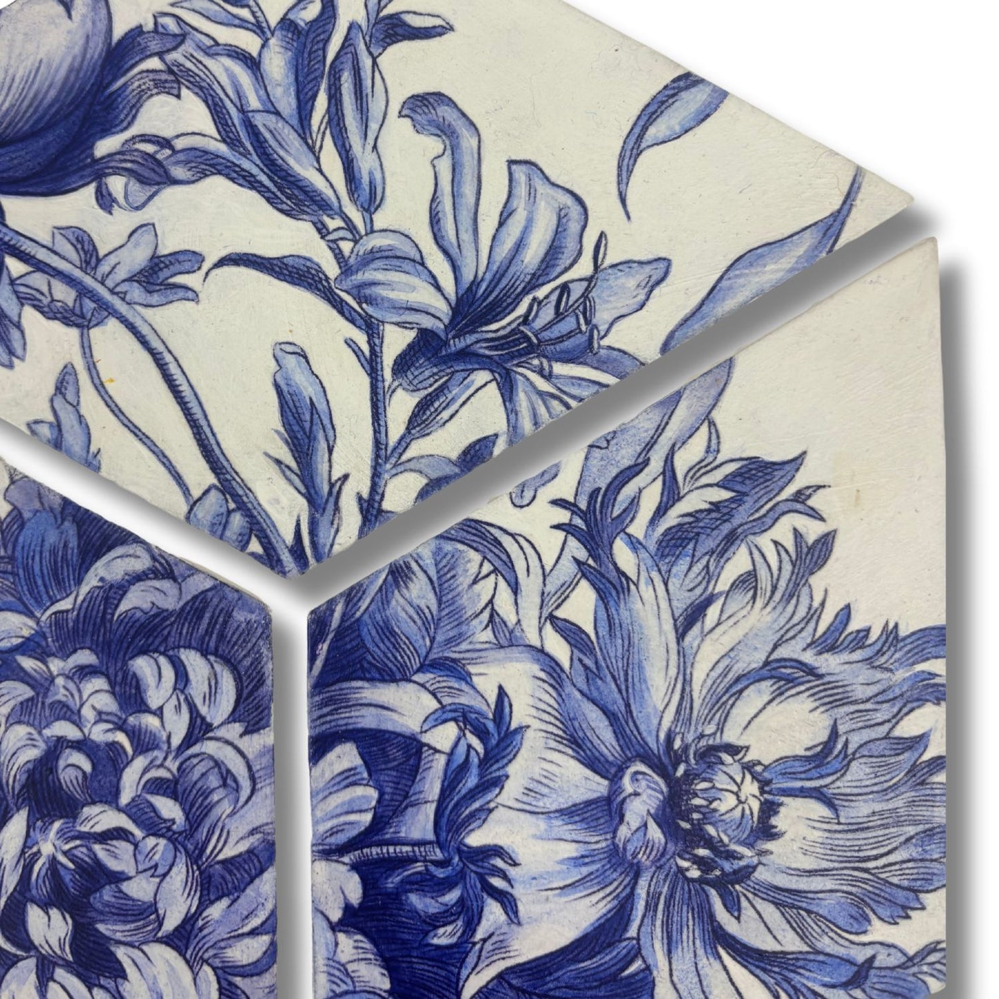 Blue and white Deft-inspired floral triptych