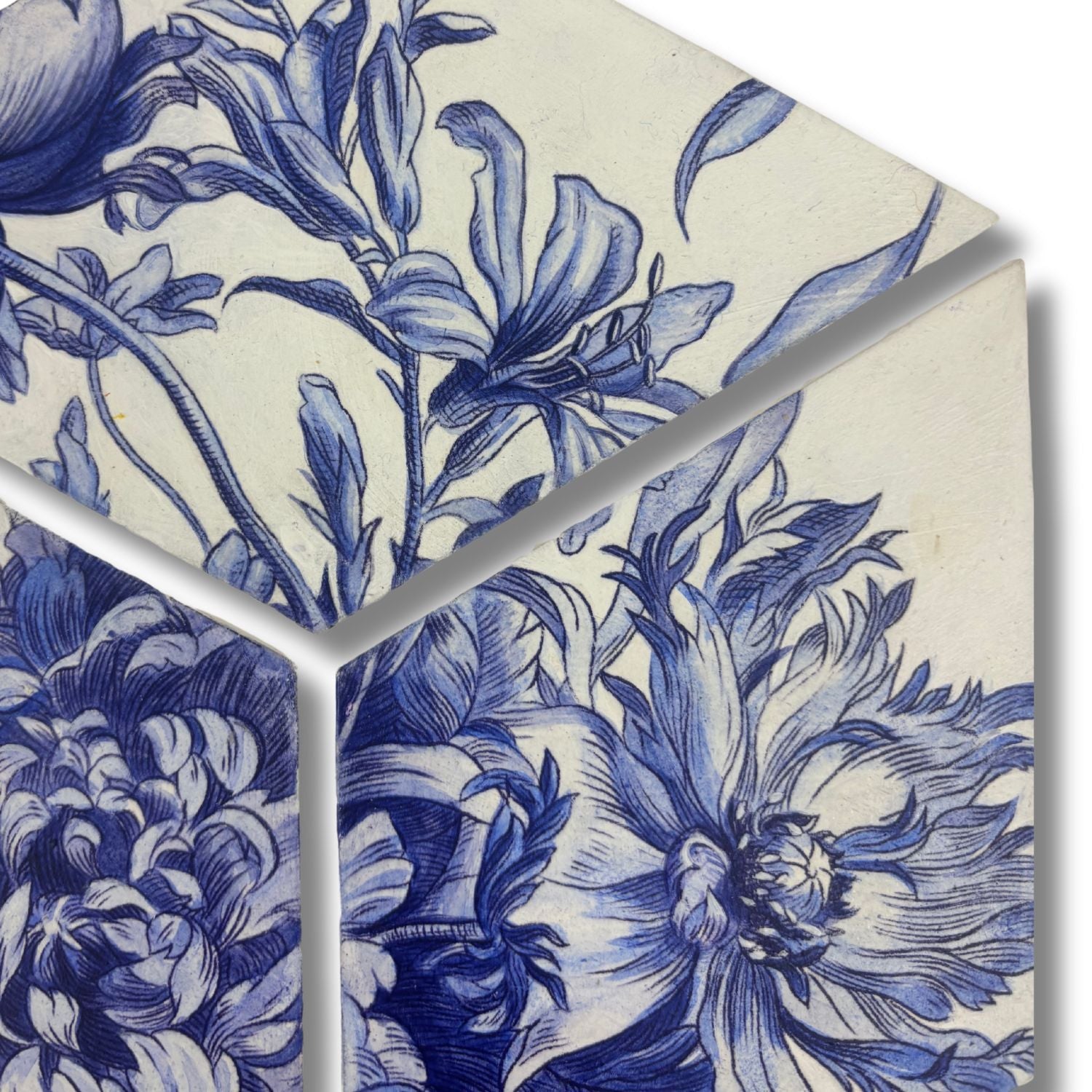 Blue and white Deft-inspired floral triptych
