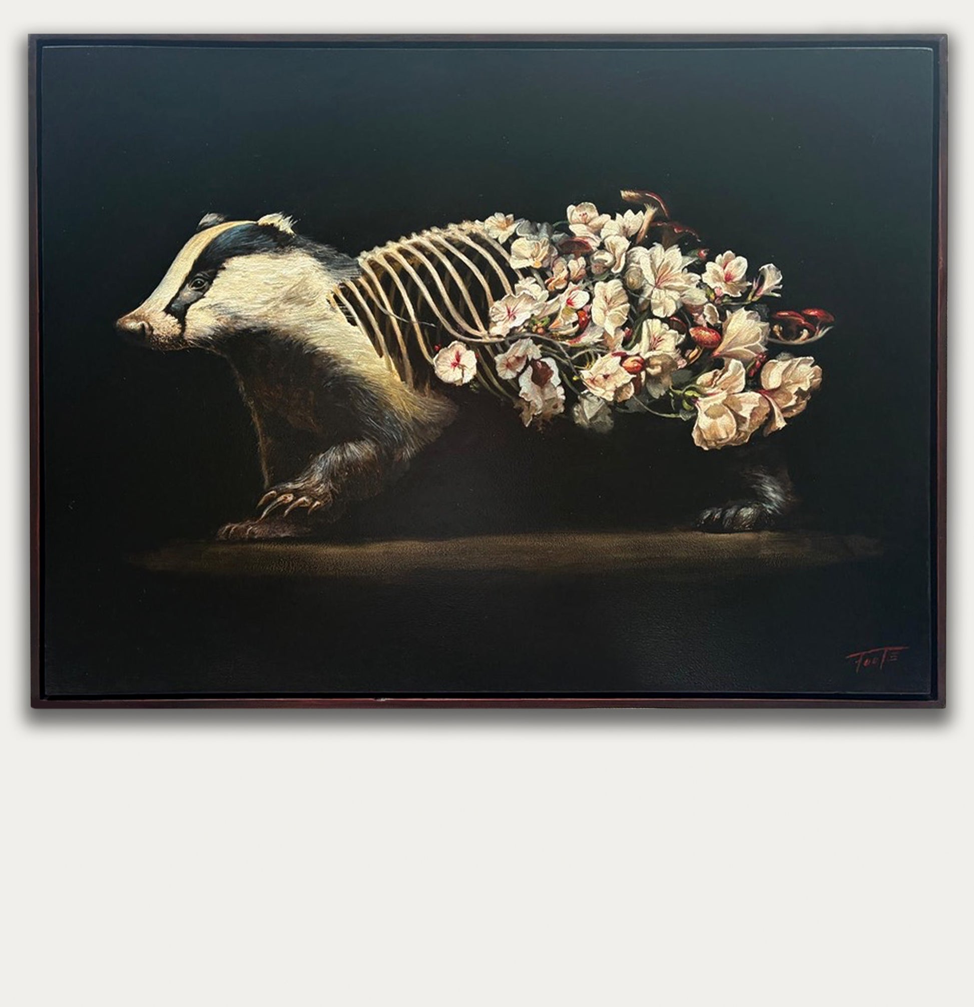 Original oil painting of a badger dissolving into flowers